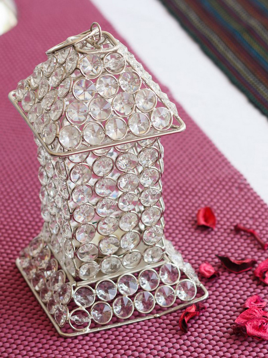 eCraftIndia Silver-Toned Glittering Long House Shape Crystal Tea Light Candle Holder