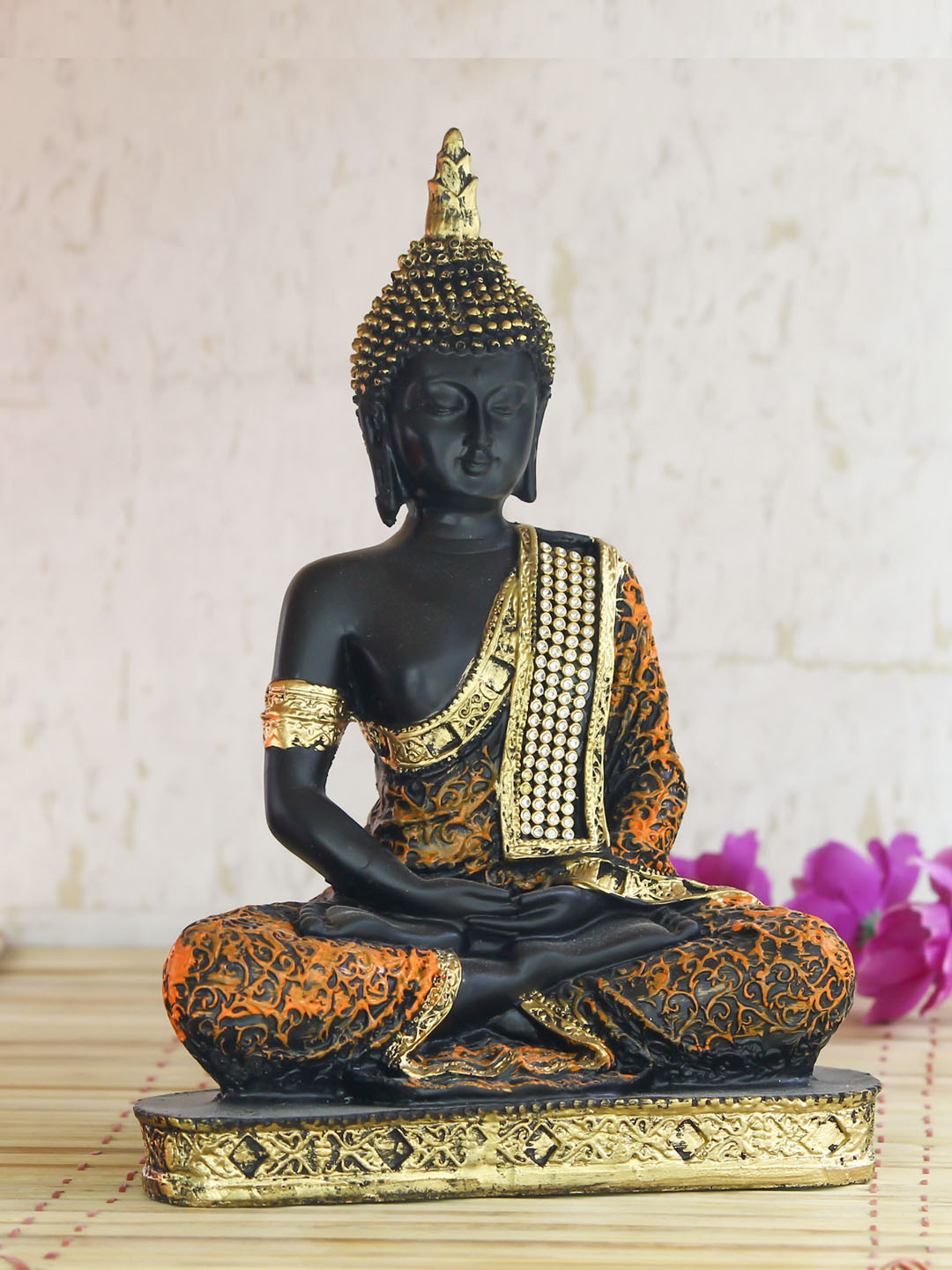 eCraftIndia Meditating Buddha Black Polyresin Natural Living Room Small Showpiece - 8.7 Inches