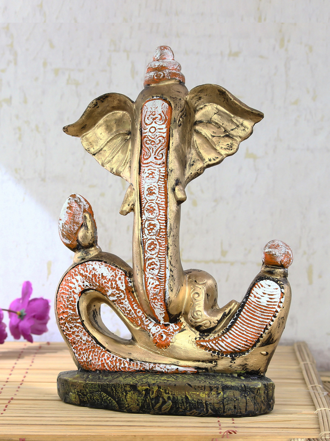 eCraftIndia Lord Ganesha Gold Polyresin Natural Living Room Medium Showpiece - 11 Inches