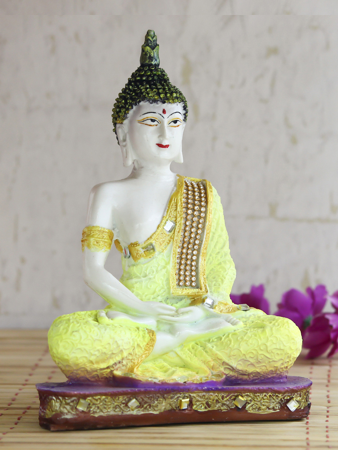 eCraftIndia Buddha Yellow Polyresin Glossy Living Room Medium Showpiece - 8.7 Inches