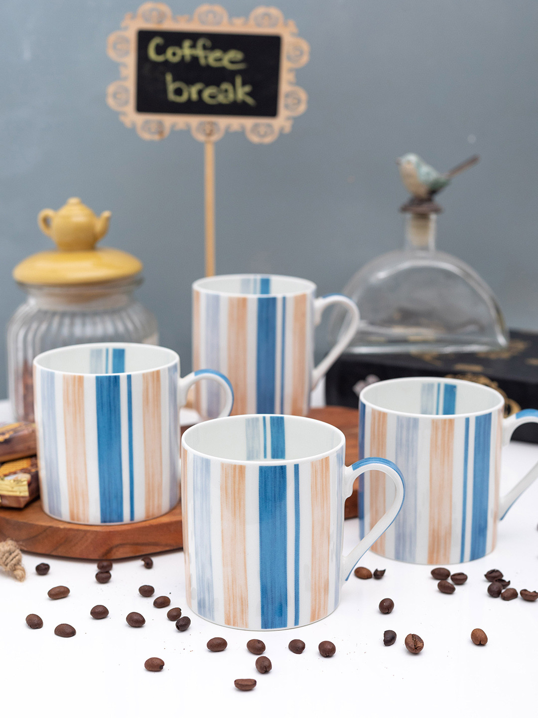 GOODHOMES Maharaja White Striped Bone China Handmade 4 Piece Mugs-200ml
