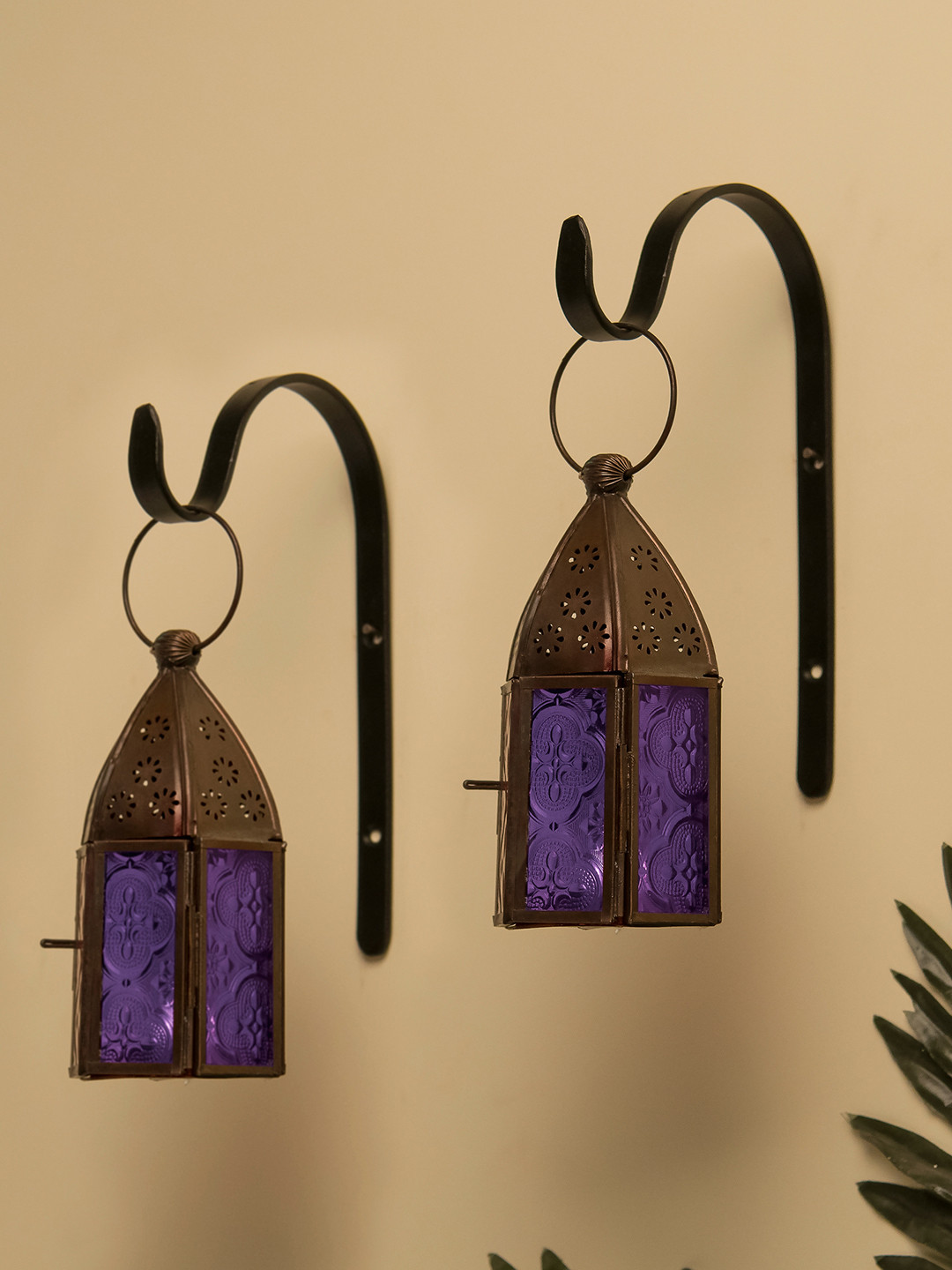 Homesake Set of 2 Antique Copper-Toned Moroccan Lantern Candle Holder With Wall Hook