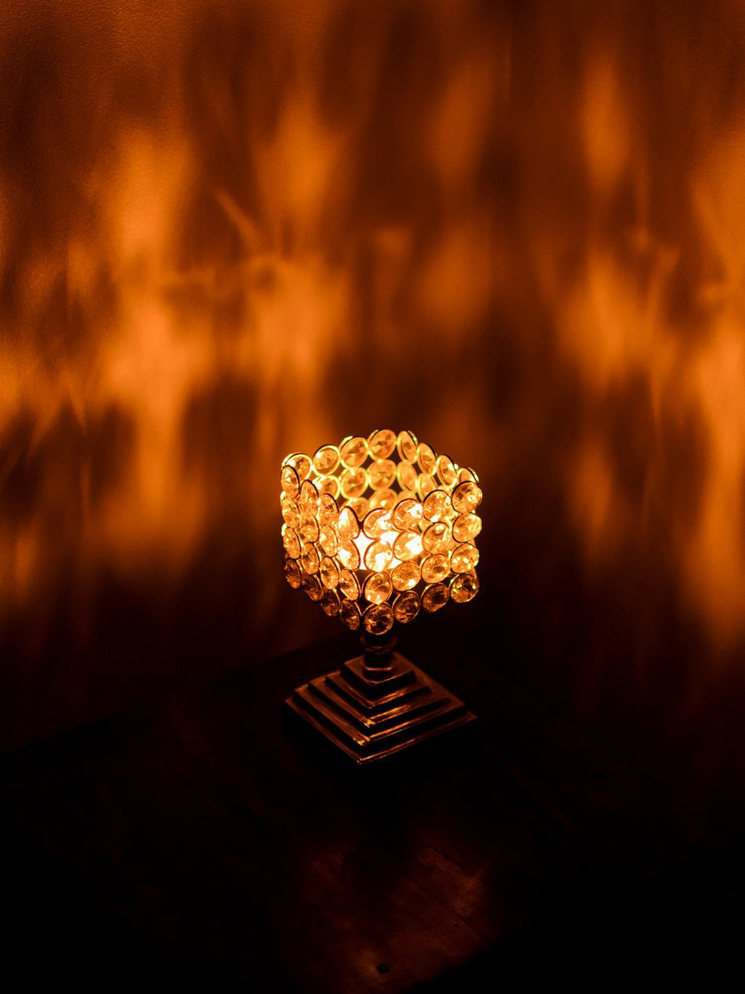 eCraftIndia Silver-Toned Square Shape Crystal Tea Light Candle Holder with Stand