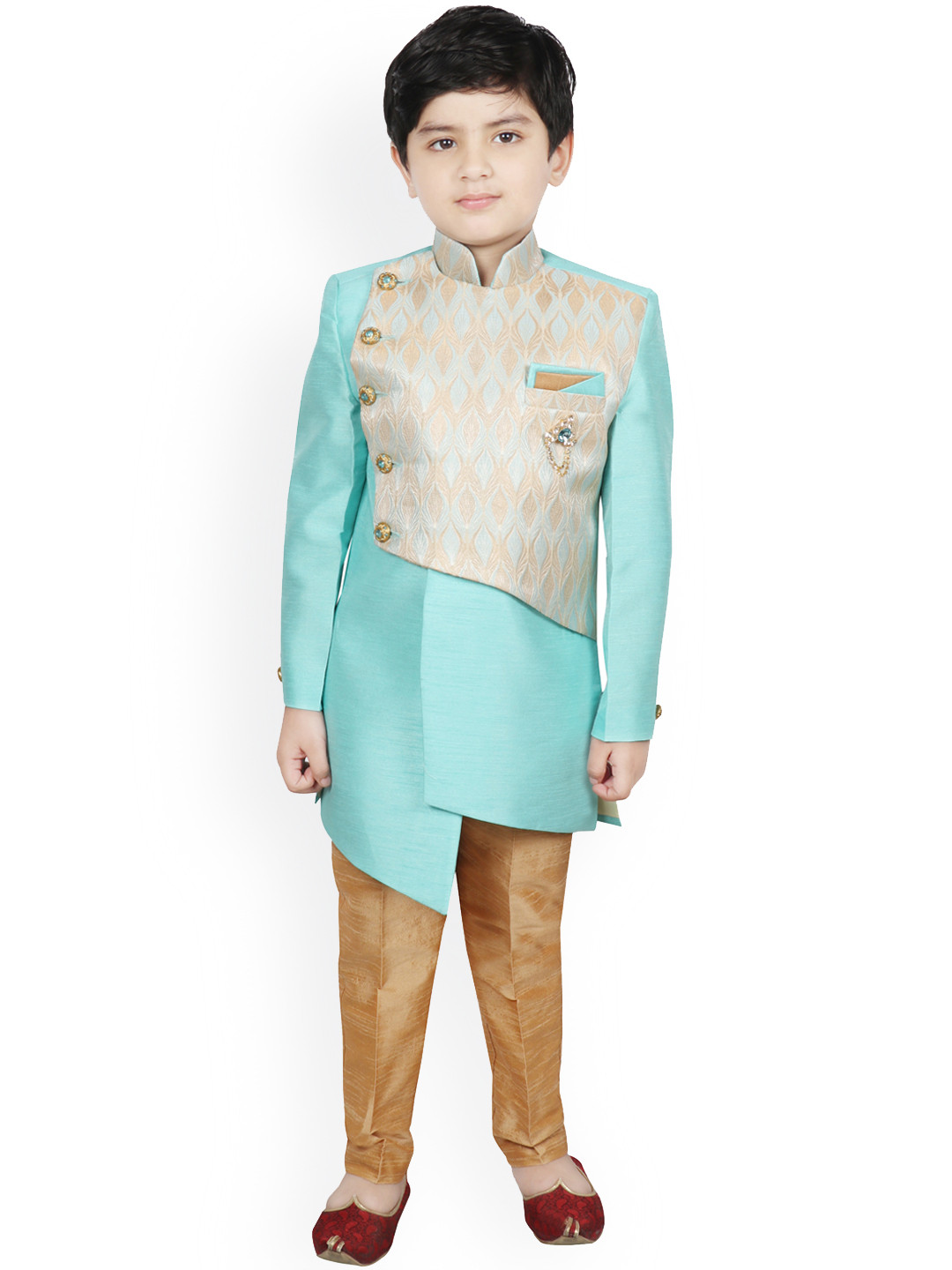 SG YUVRAJ Boys Turquoise Blue & Gold-Coloured Woven-Design Silk Sherwani