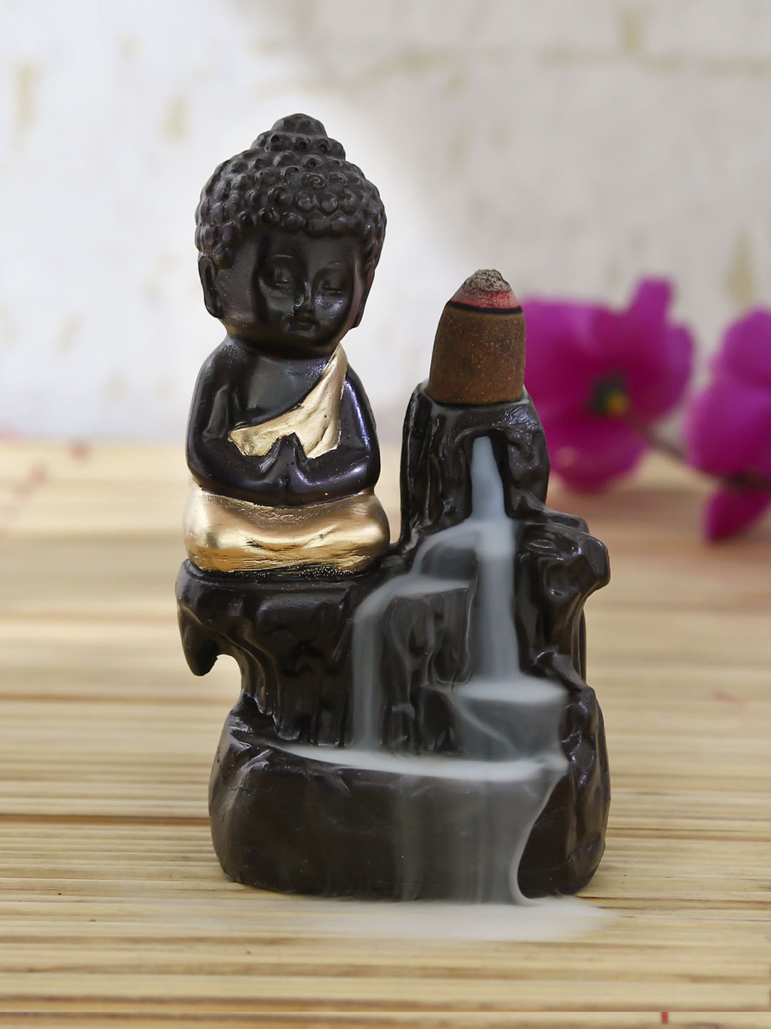 eCraftIndia Meditating Monk Buddha Black Polyresin Glossy Living Room Fountain Small Showpiece - 2 Inches