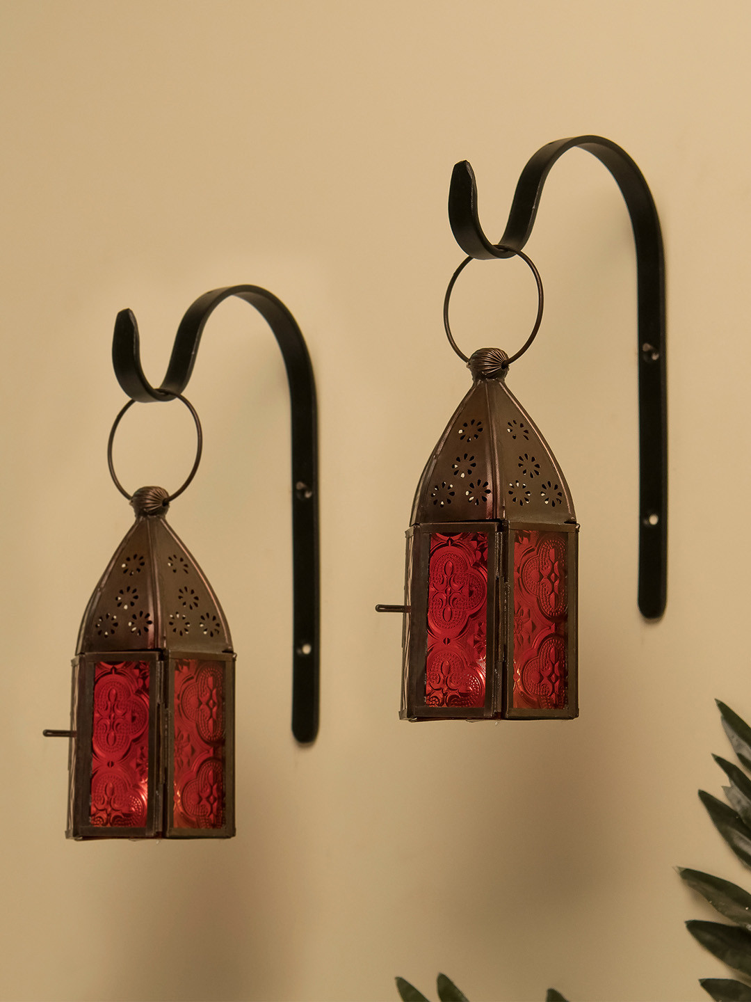 Homesake Set of 2 Antique Copper-Toned & Red Moroccan Lantern Candle Holder With Wall Hook