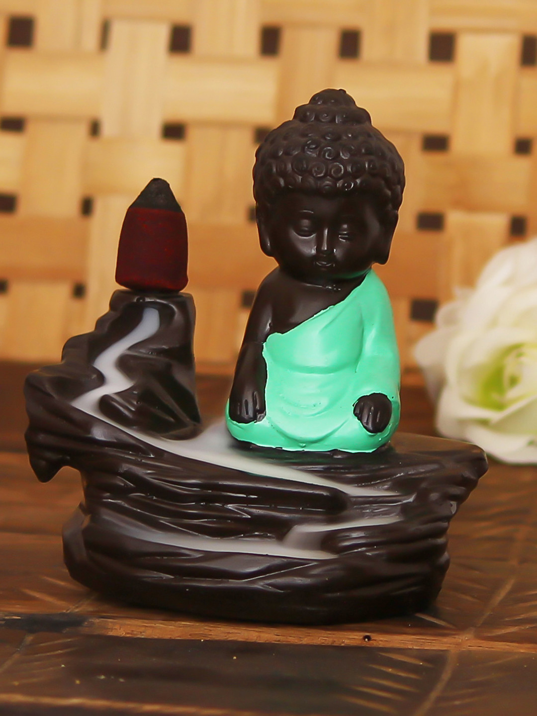 eCraftIndia Buddha Backflow Smoke Fountain with incenses Green Polyresin Matte Living Room Fountain Medium Showpiece - 4.3 Inches