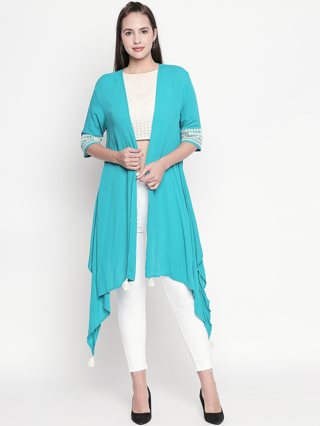 AKKRITI BY PANTALOONS Women Teal Blue Solid Open Front Shrug