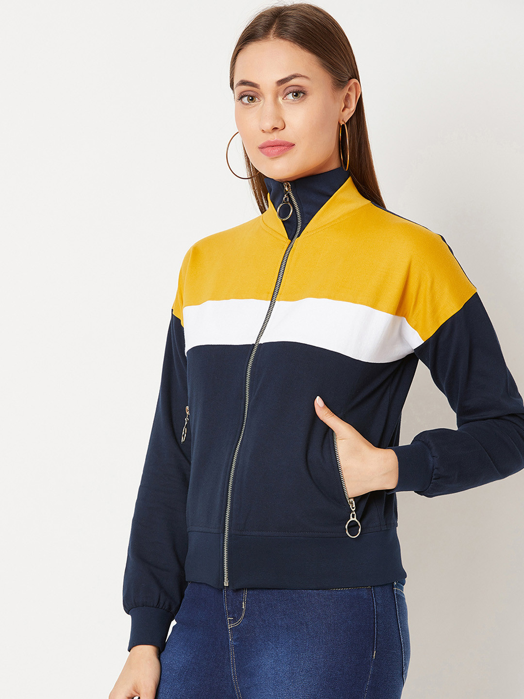 Miss Chase Women Navy Blue Colourblocked Bomber Jacket