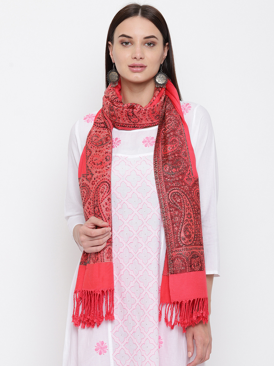 HK colours of fashion Women Coral Pink Woven Design Stole