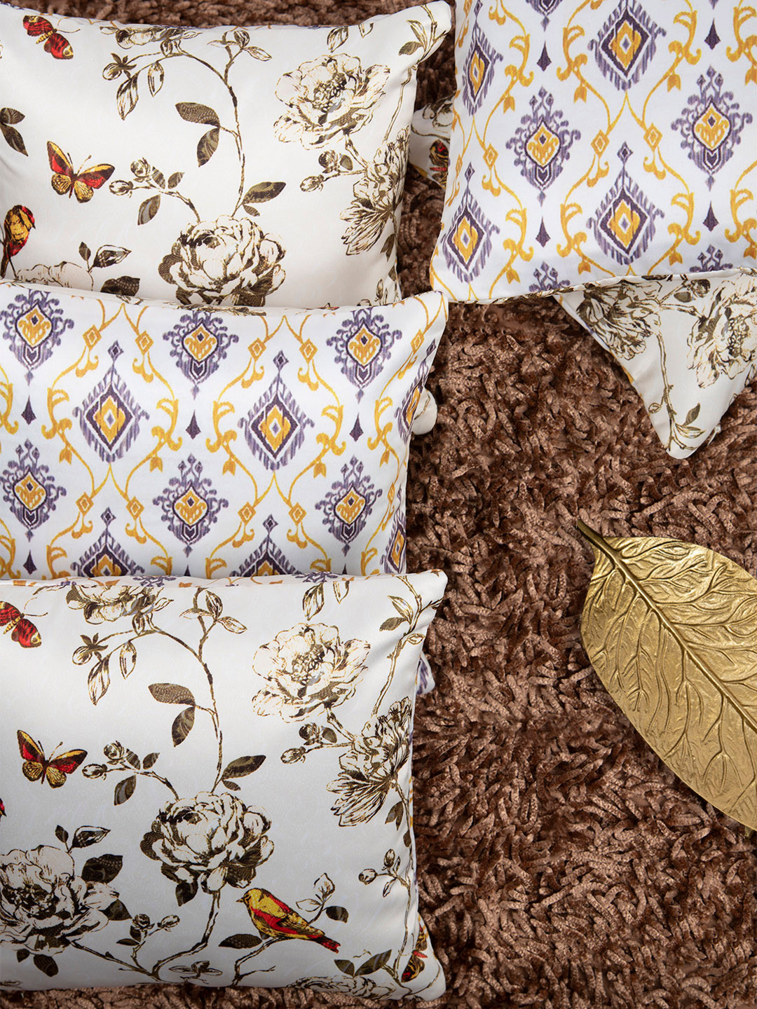 HOUZZCODE Off-White Set of 5 Floral Square Cushion Covers