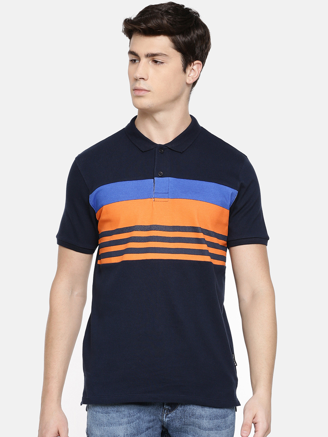 Braveo Men Navy Blue & Orange Striped Polo Collar T-shirt