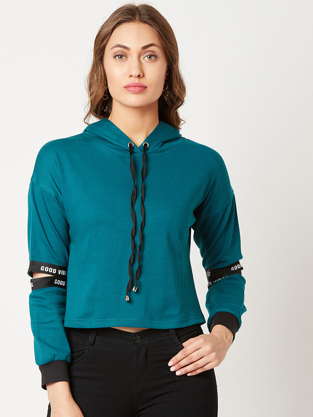 Miss Chase Women Turquoise Blue Solid Hooded Sweatshirt