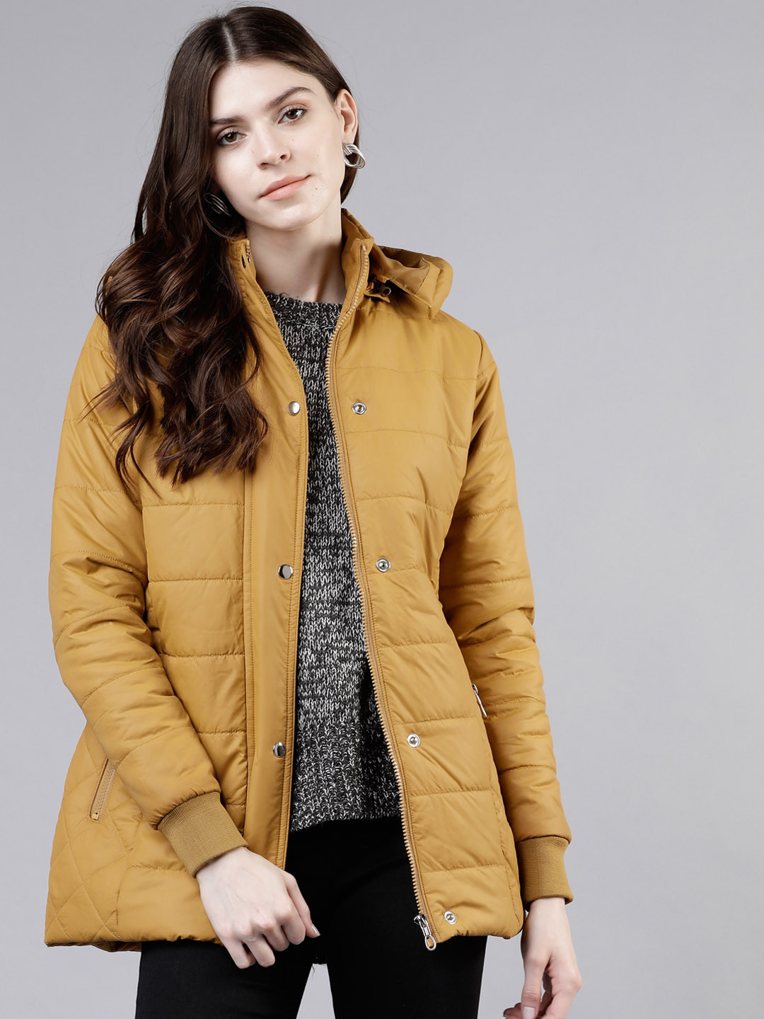 Tokyo Talkies Women Mustard Brown Solid Hooded Padded Jacket