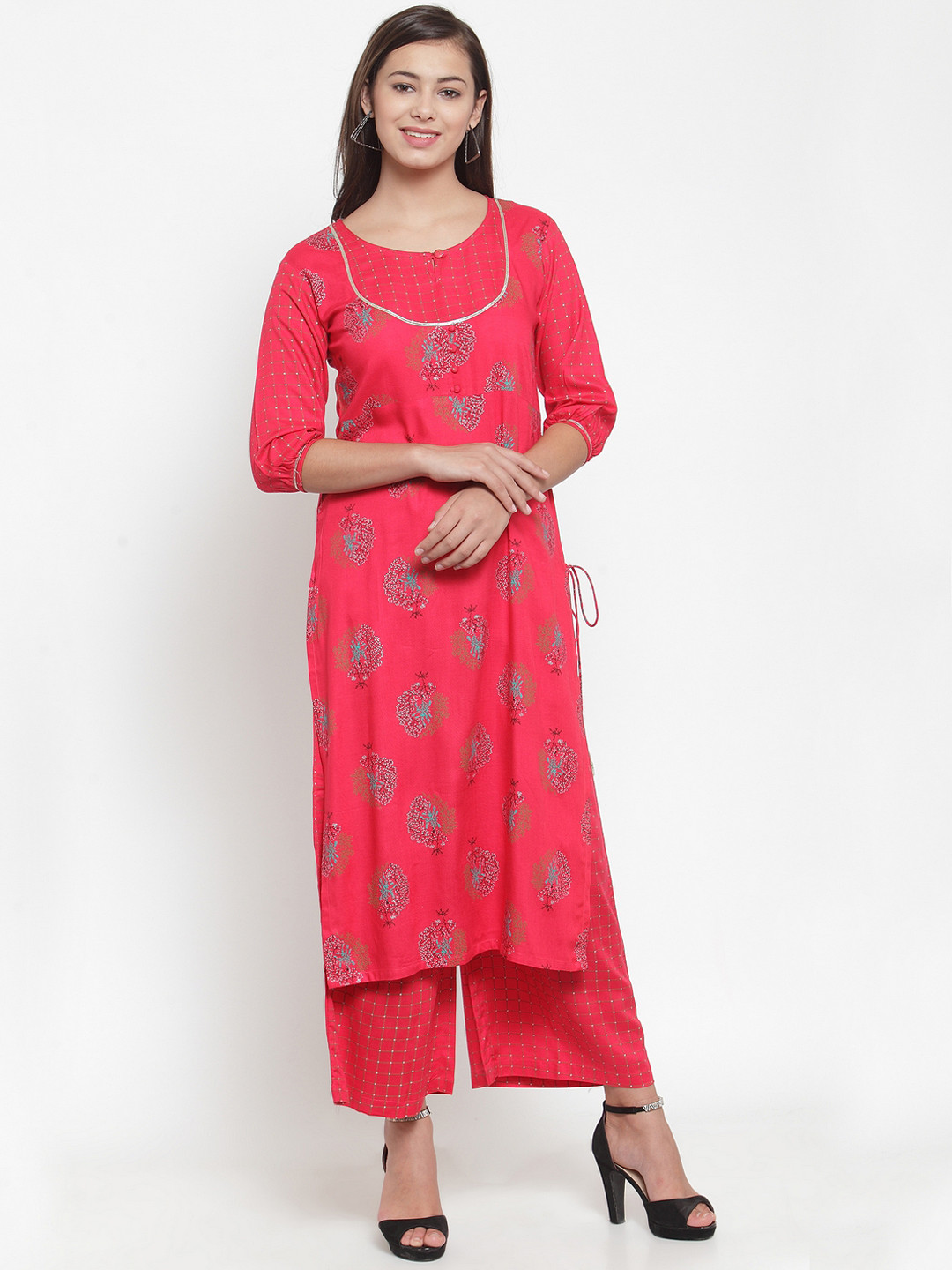 Indibelle Women Pink & Blue Printed Straight Kurta