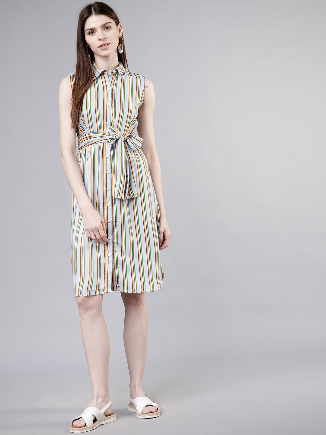 Tokyo Talkies Women Green & Yellow Striped Shirt Dress