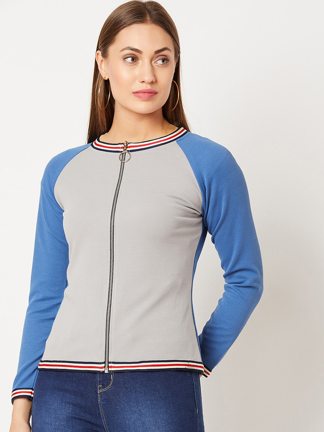 Miss Chase Women Grey & Blue Solid Bomber Jacket