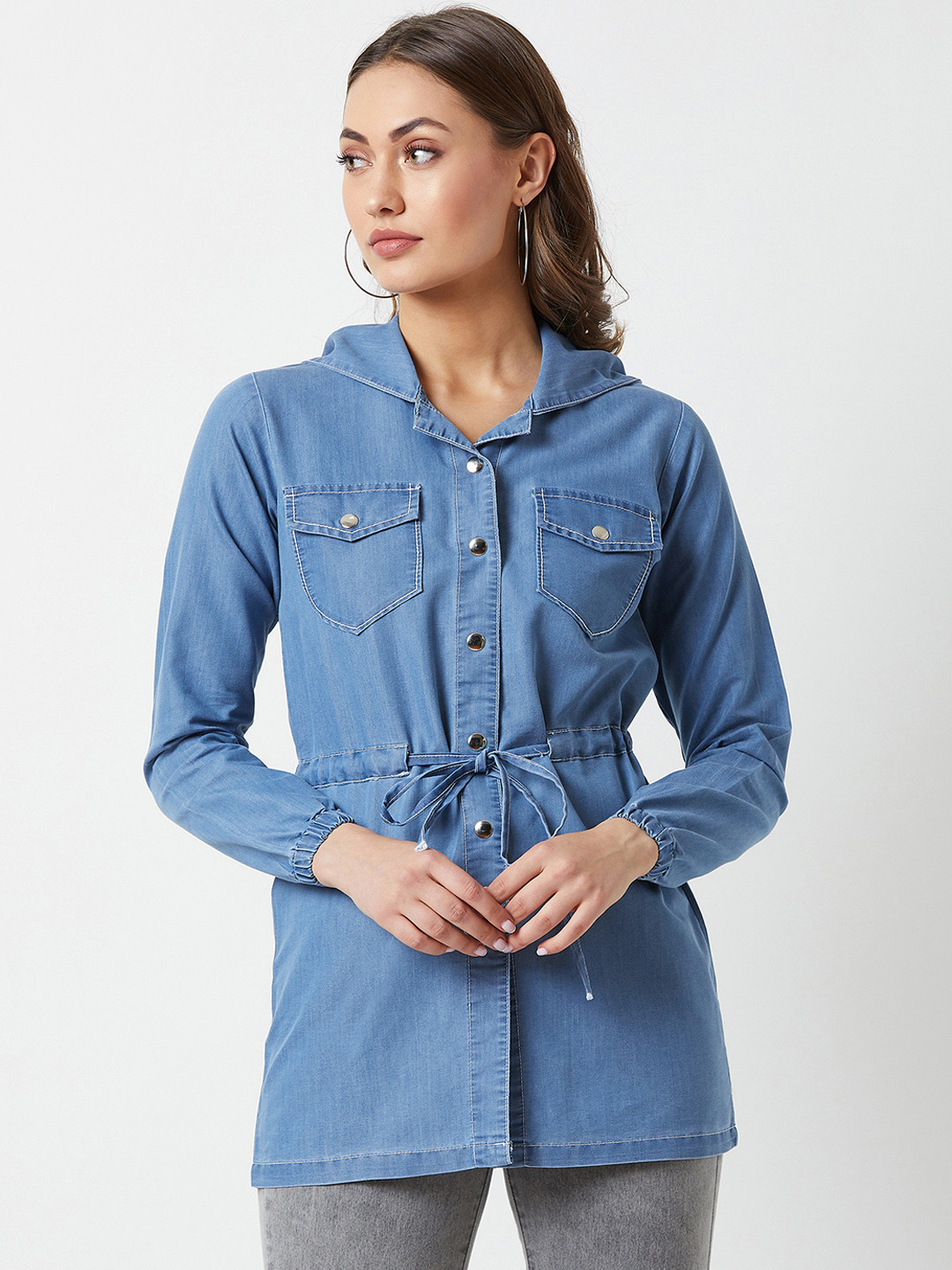 Miss Chase Women Light Weight Blue Solid Denim Jacket