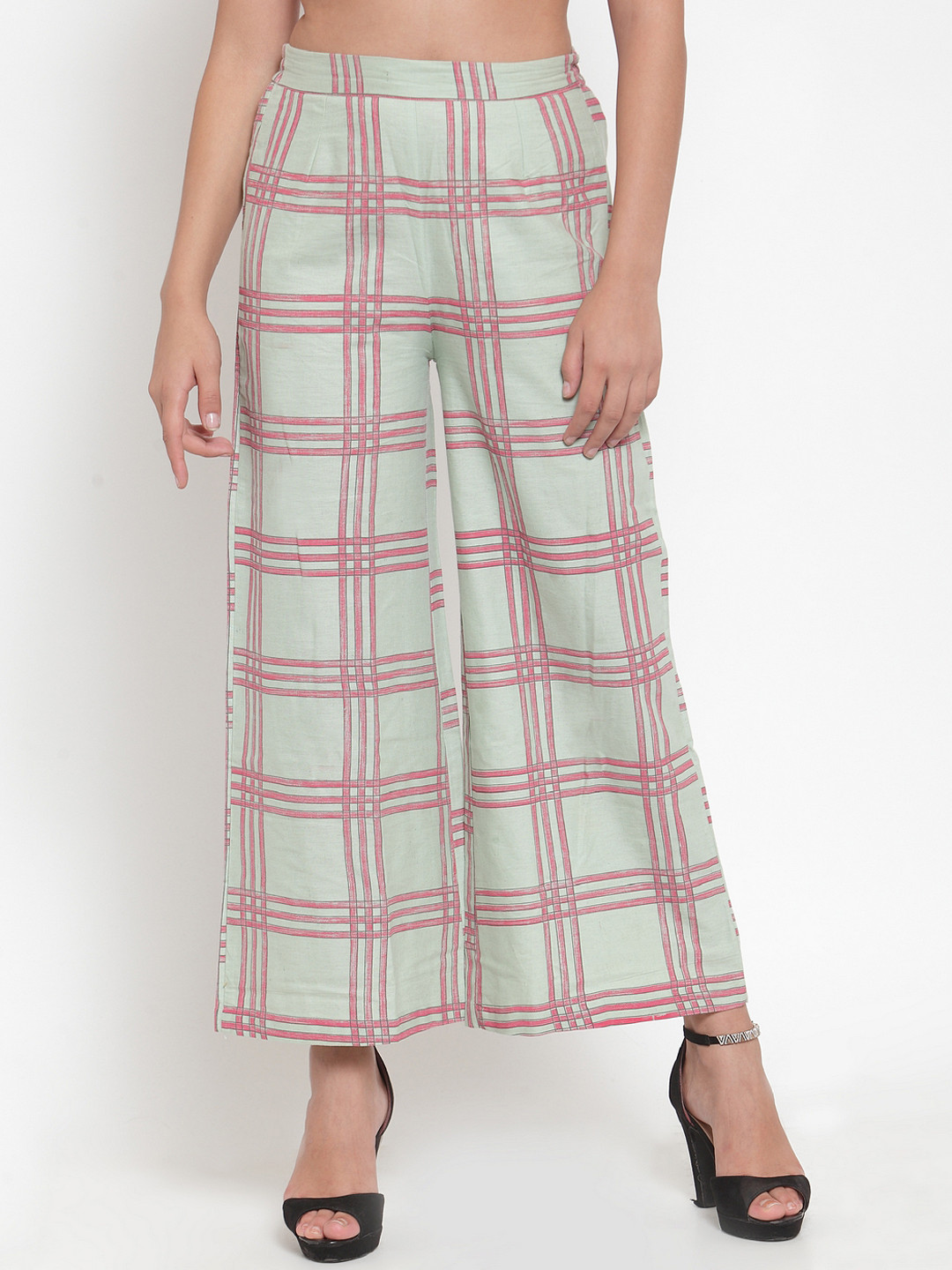 Indibelle Women Sea Green & Pink Checked Straight Palazzos