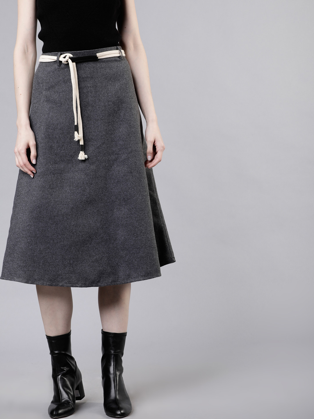 Tokyo Talkies Women Charcoal Grey Flared Knee-Length Solid A-Line Skirt