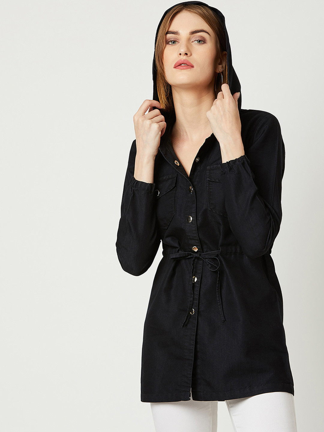 Miss Chase Women Lightweight Black Solid Denim Hooded Jacket