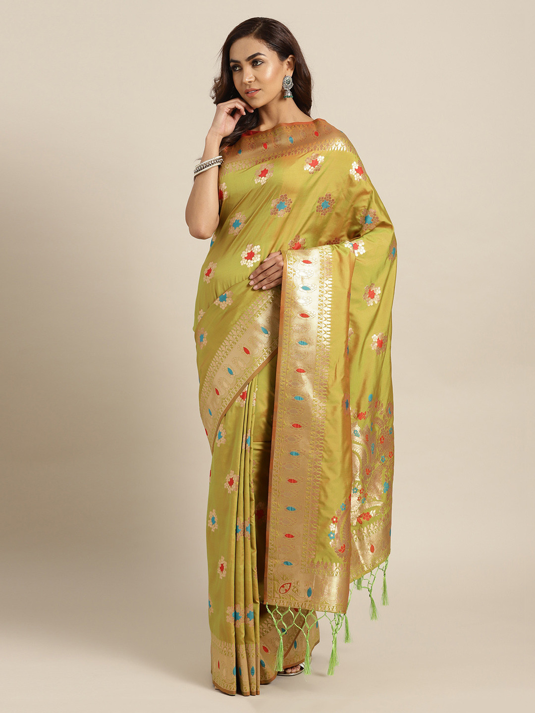 Mitera Lime Green Art Silk Woven Design Handloom Banarasi Saree