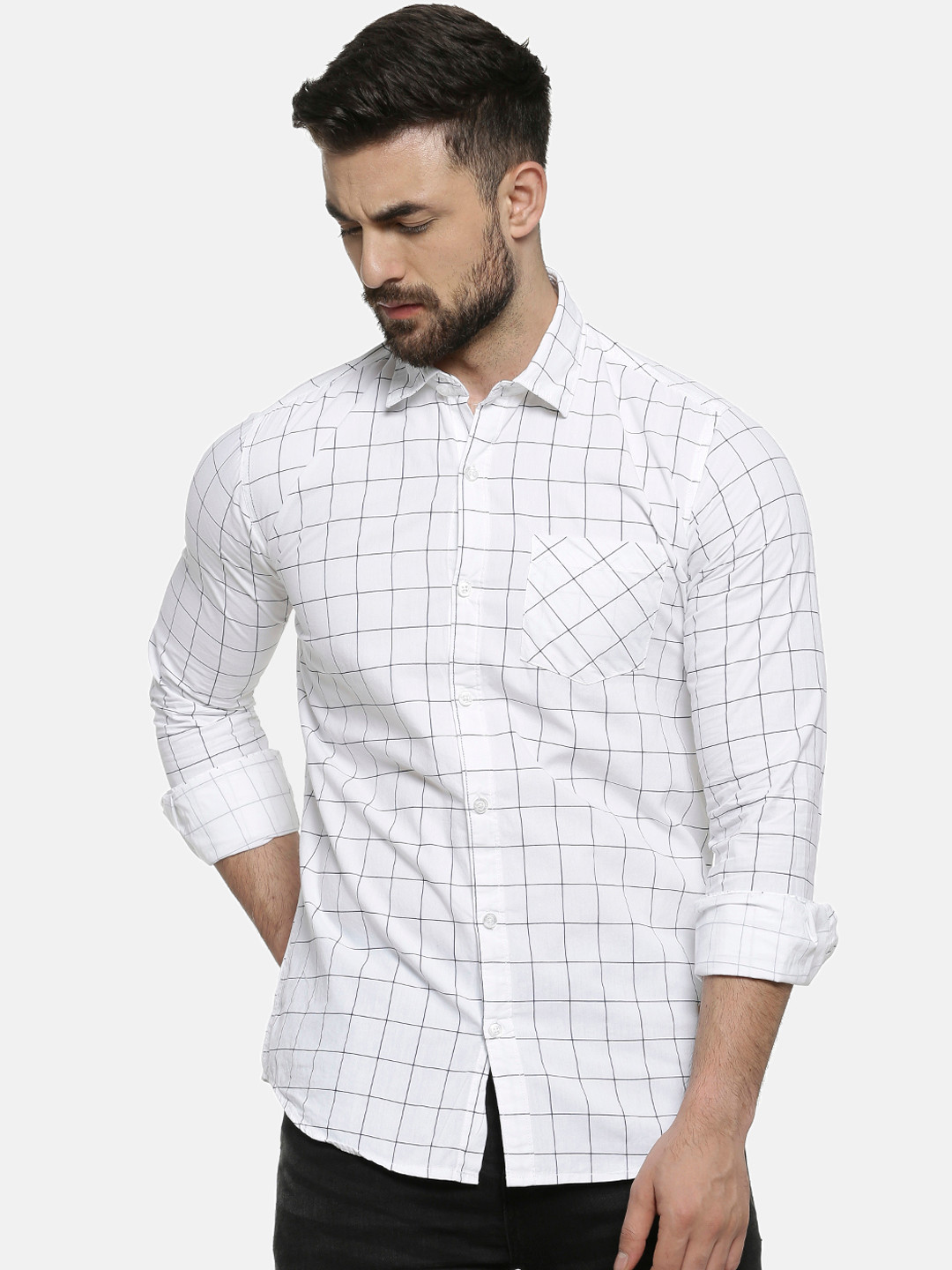 CAHOOT Men White & Black Regular Fit Checked Casual Shirt