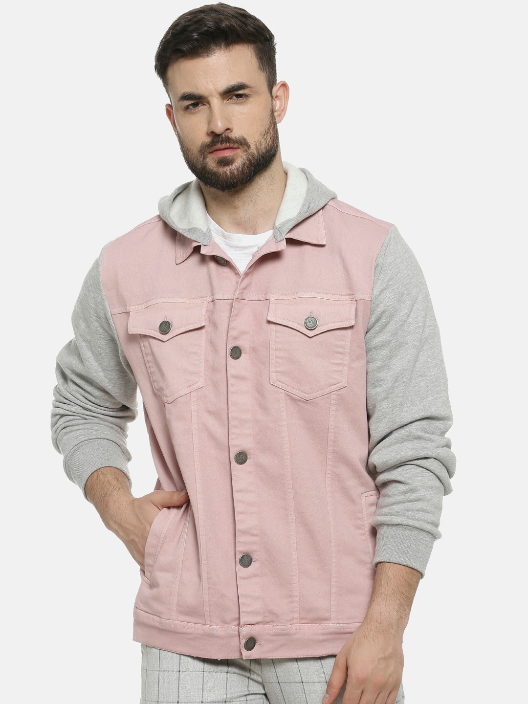 Campus Sutra Men Pink Colourblocked Windcheater Denim Jacket