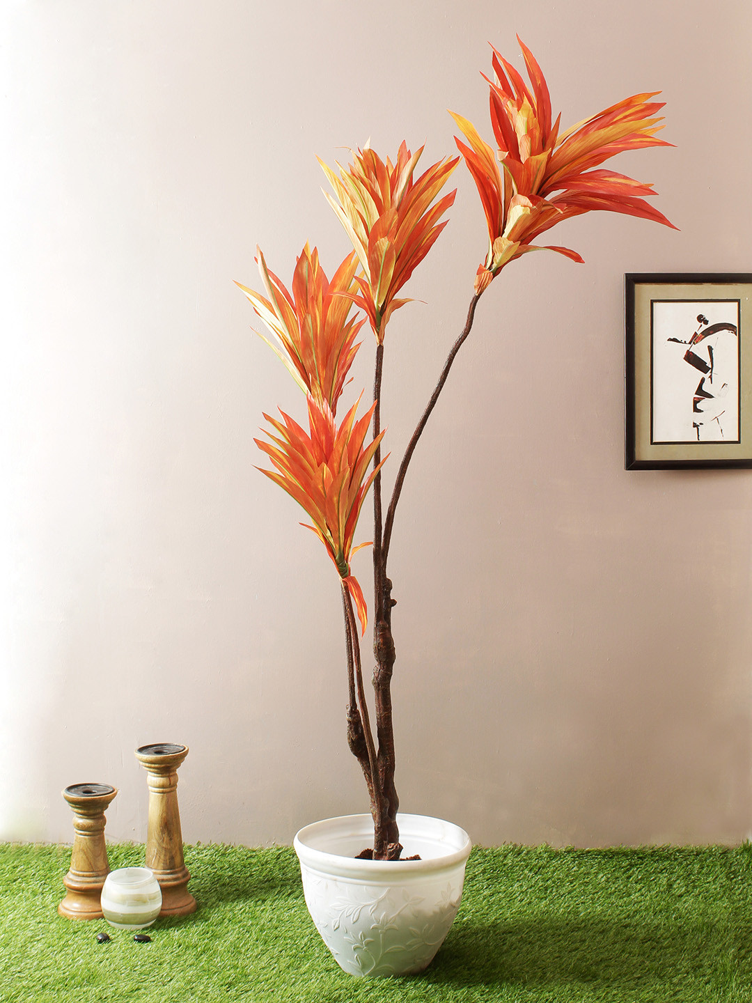 TAMIRHA Orange Artificial Dracaena Plant With White Pot