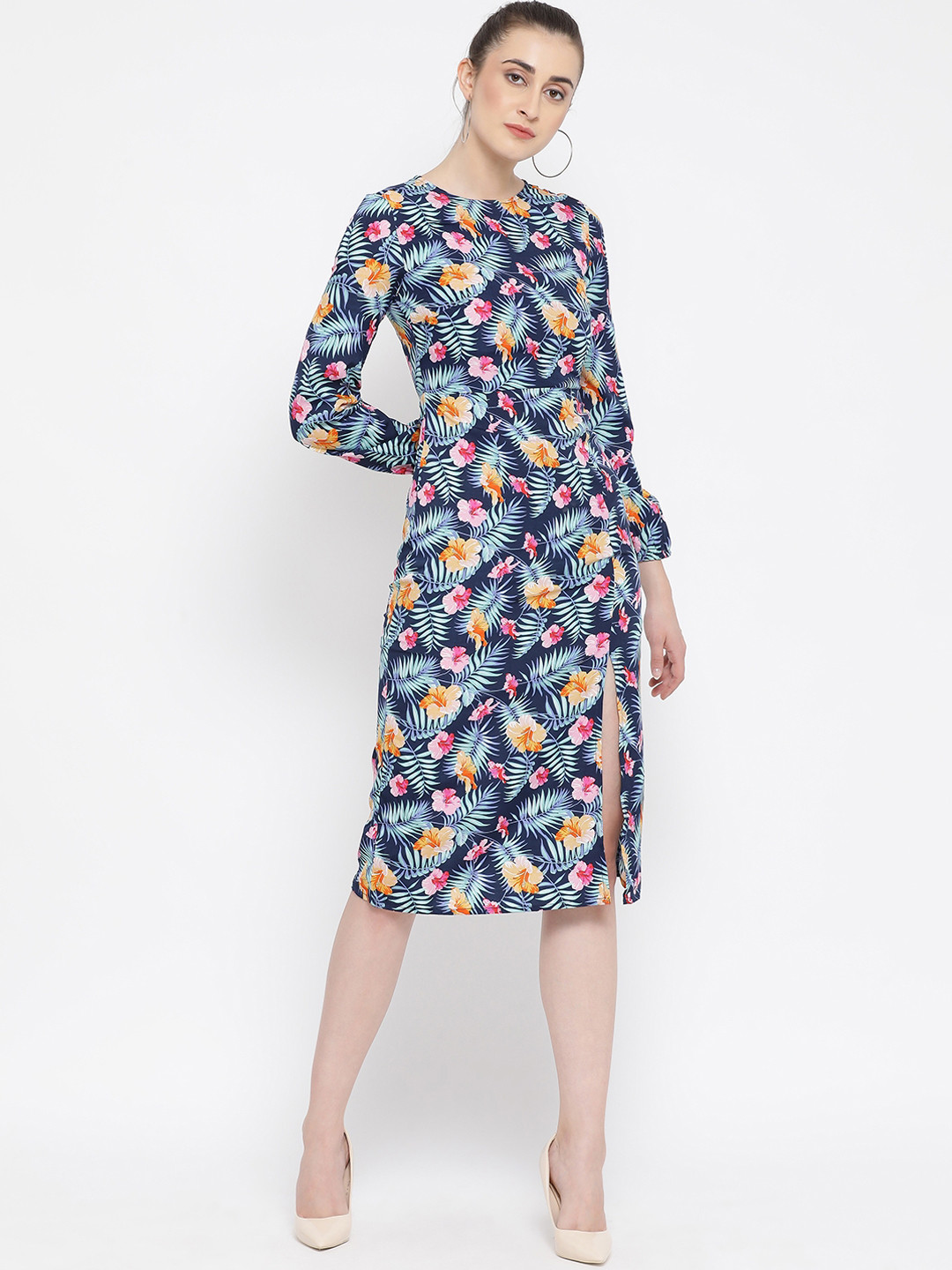 Oxolloxo Women Blue & Orange Printed A-Line Dress