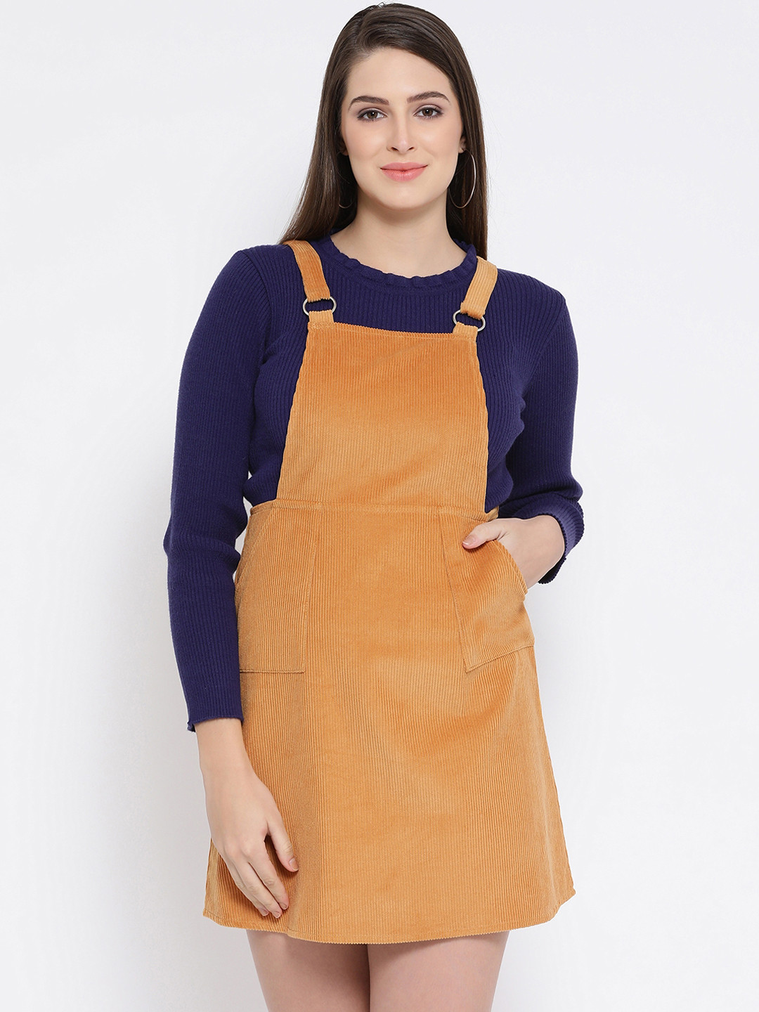 Oxolloxo Women Mustard Yellow Solid Pinafore Dress
