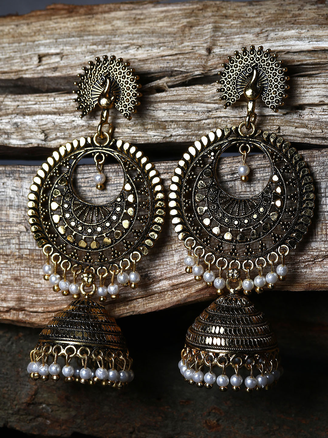 ANIKAS CREATION Gold Plated & Black Crescent Shaped Enamelled Jhumkas