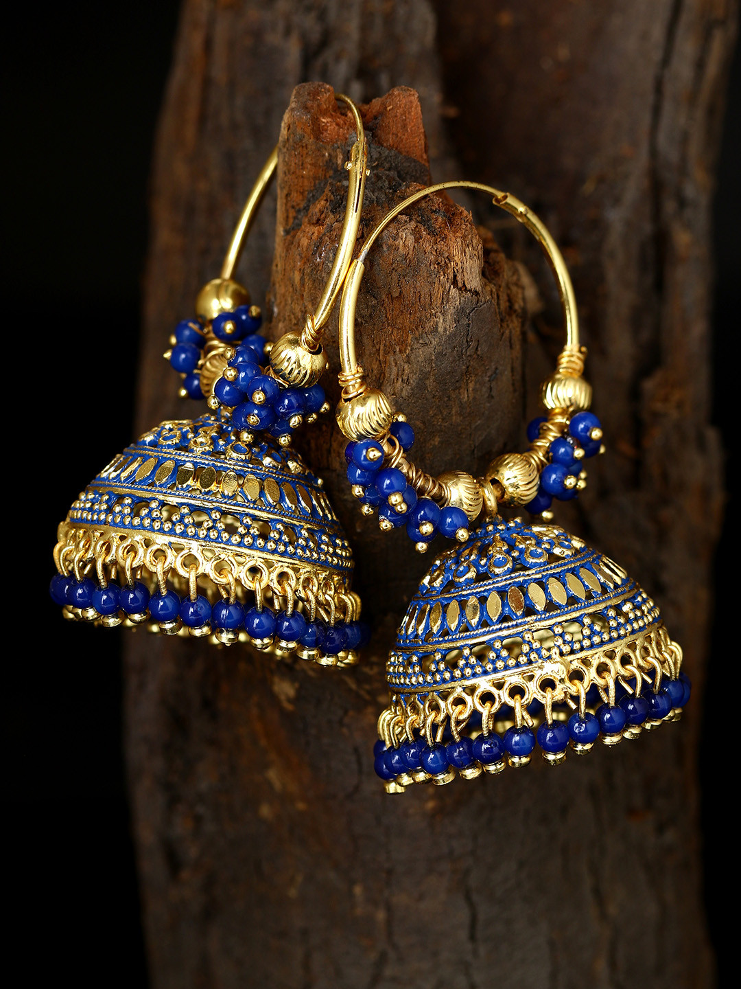 ANIKAS CREATION Blue & Gold-Plated Enamelled Dome Shaped Jhumkas