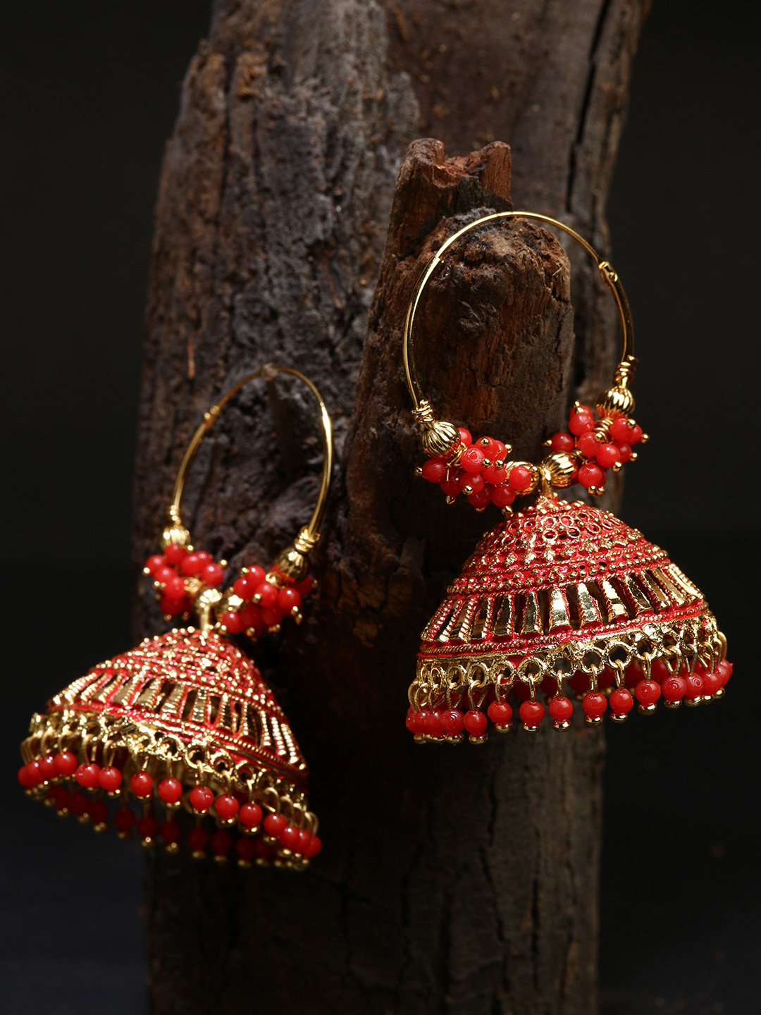 ANIKAS CREATION Red & Gold-Plated Enamelled Dome Shaped Jhumkas