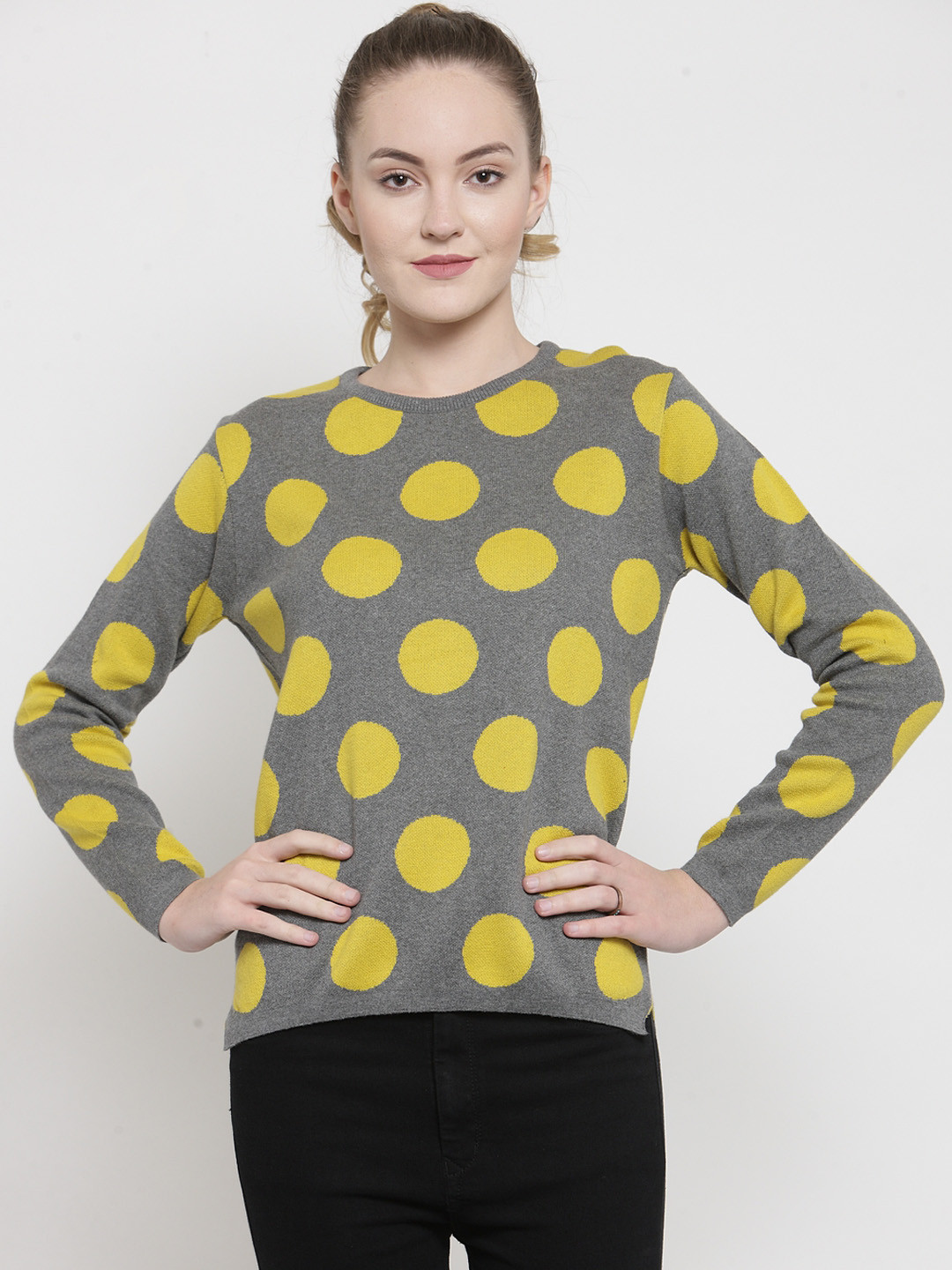 Kalt Women Grey & Yellow Printed Sweater