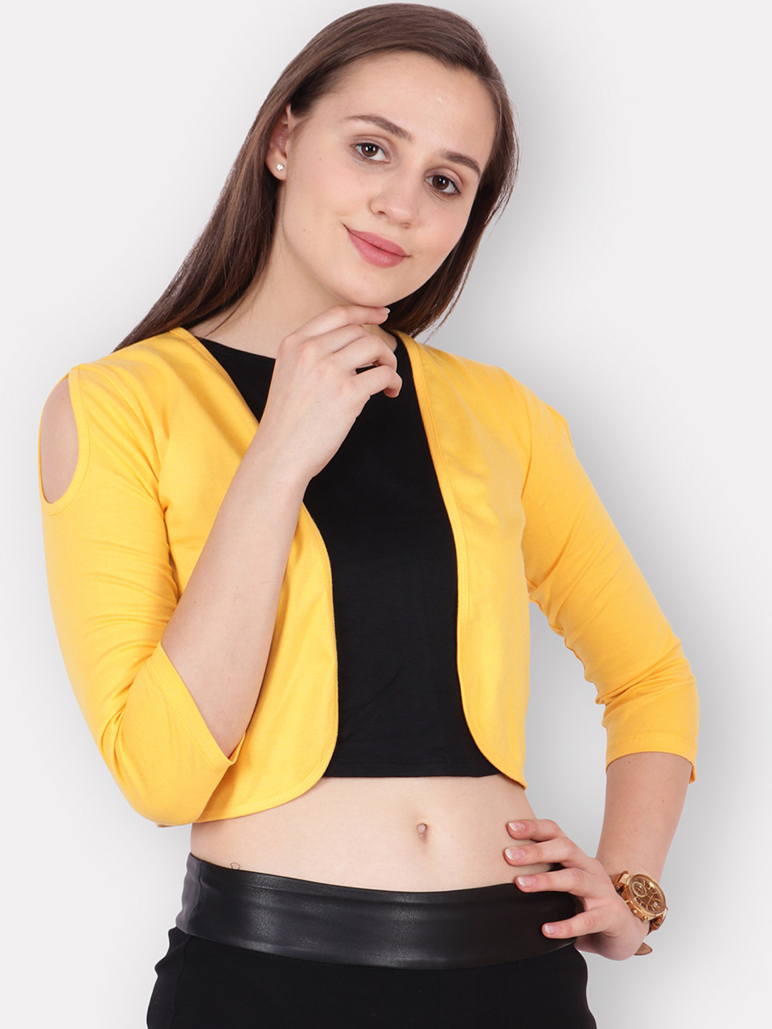 SCORPIUS Women Yellow Solid Open Front Shrug