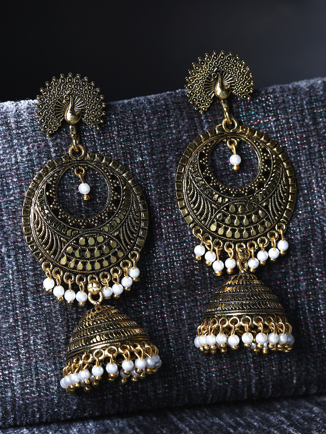 ANIKAS CREATION Gold Plated & Gunmetal-Toned Peacock Shaped Drop Earrings