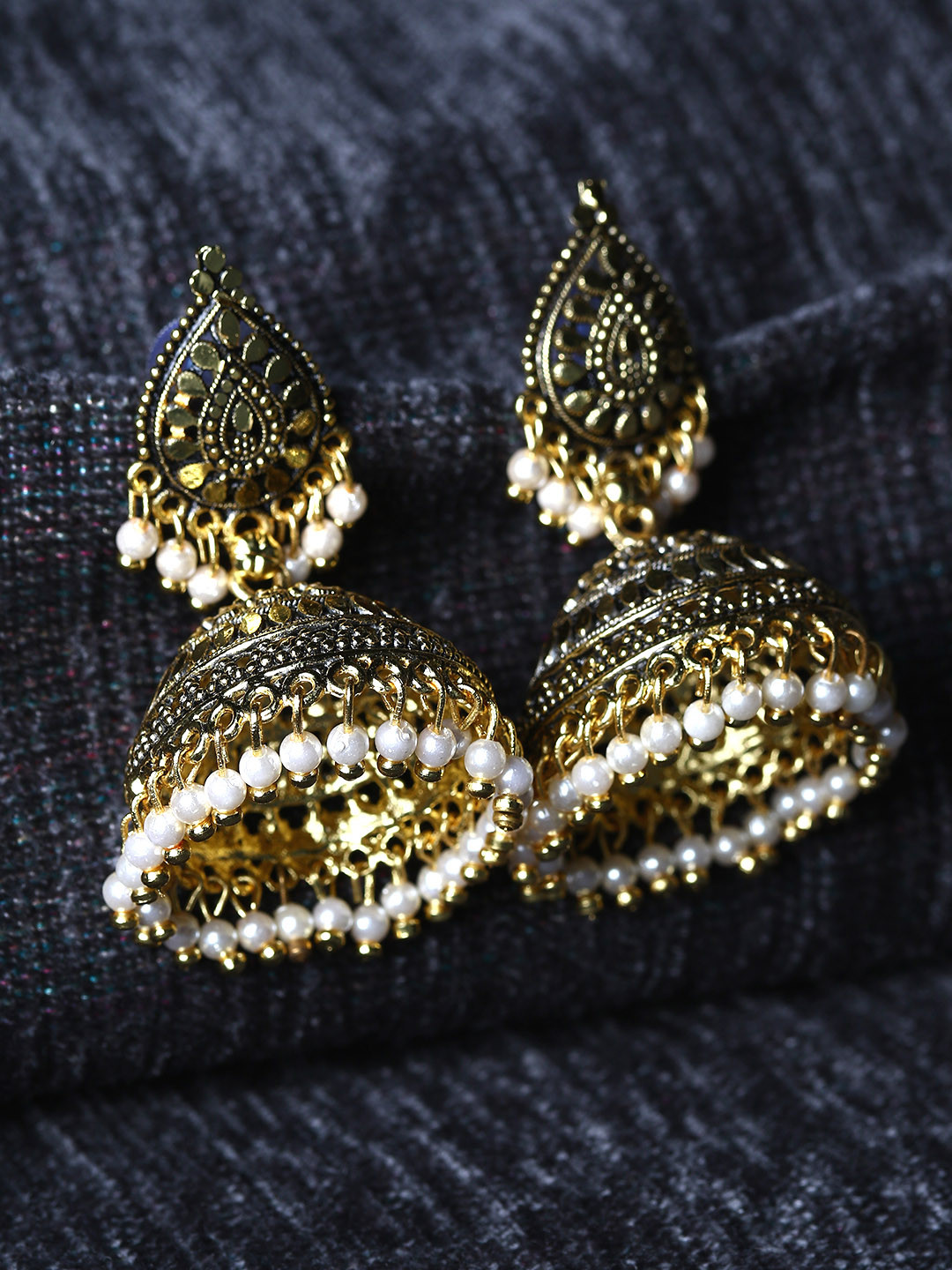 ANIKAS CREATION Gold Plated & White Dome Shaped Enamelled Jhumkas
