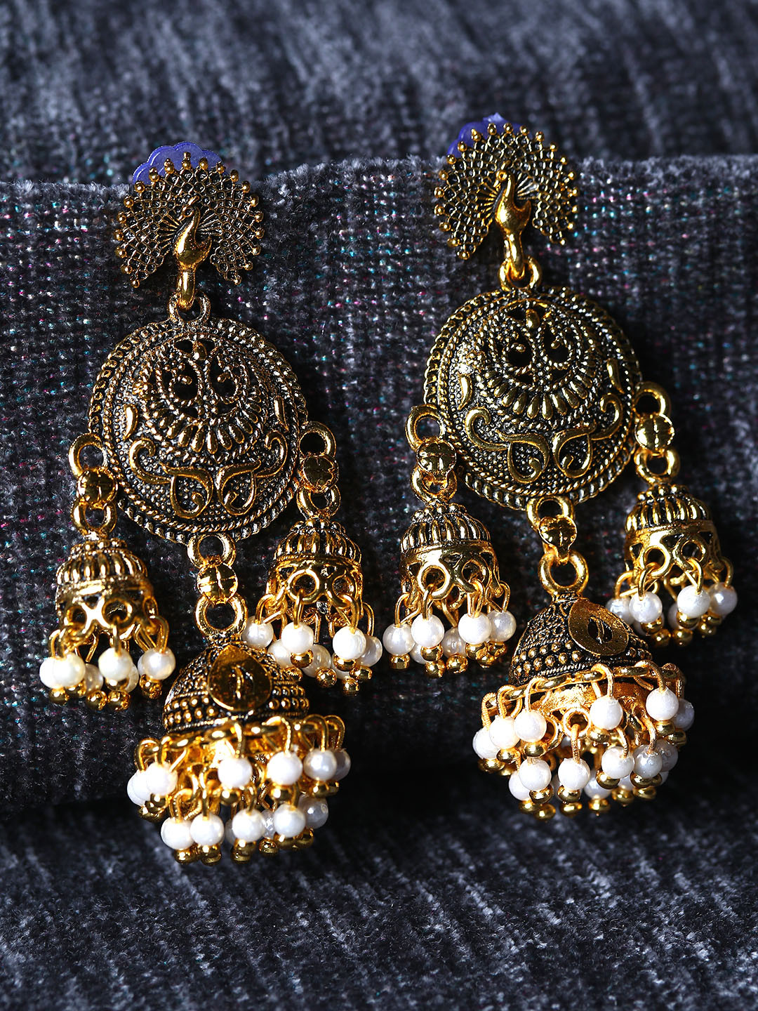 ANIKAS CREATION Gold Plated & Gunmetal-Toned enamelled Peacock Shaped Drop Earrings