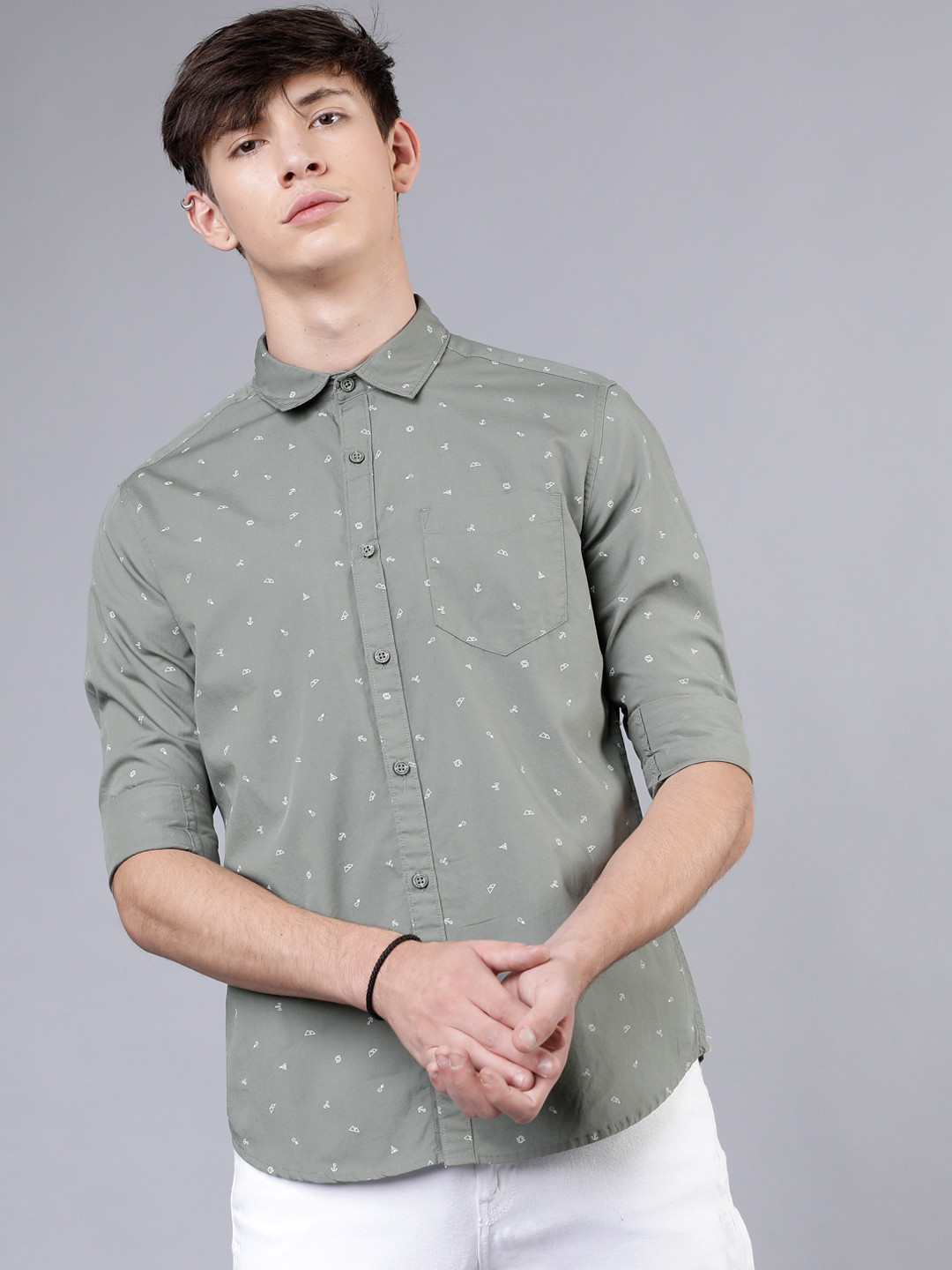 HIGHLANDER Men Olive Green Slim Fit Printed Casual Shirt
