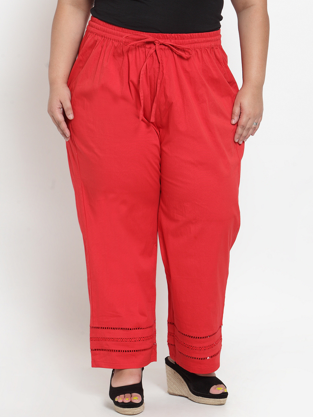 plusS Women Red Solid Straight Palazzos