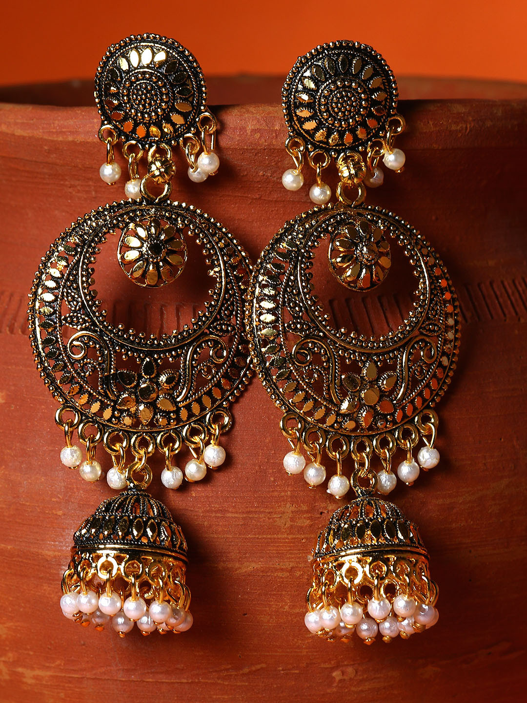 ANIKAS CREATIOn Gold Plated & Gunmetal-Toned Circular Drop Earrings