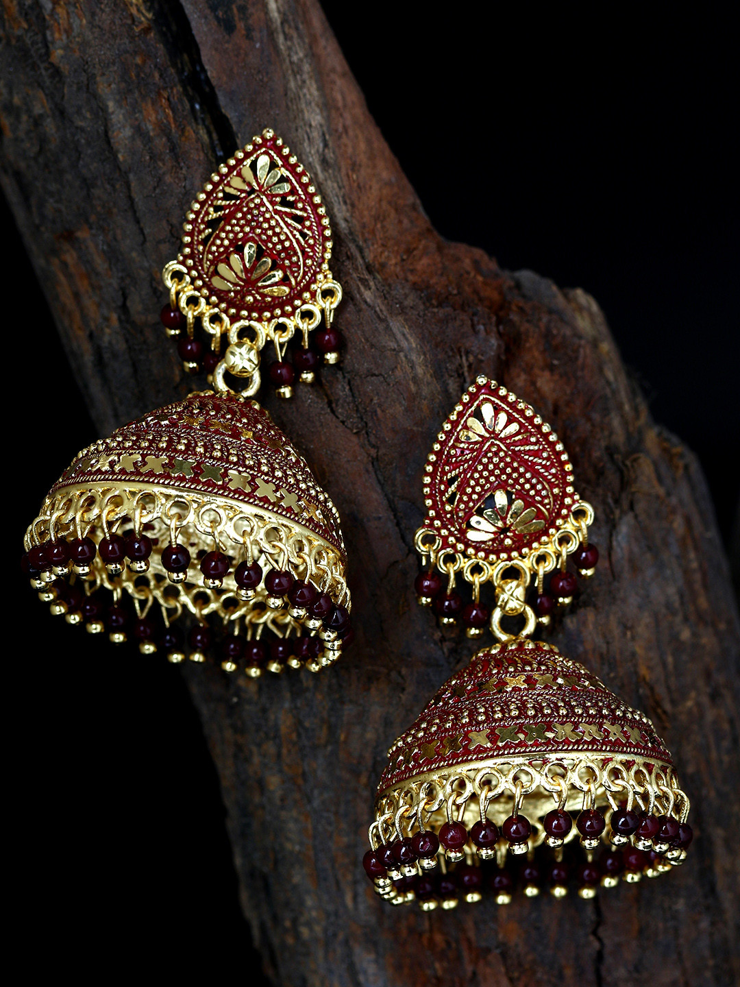 ANIKAS CREATION Gold Plated & Maroon Enamelled Dome Shaped Jhumkas