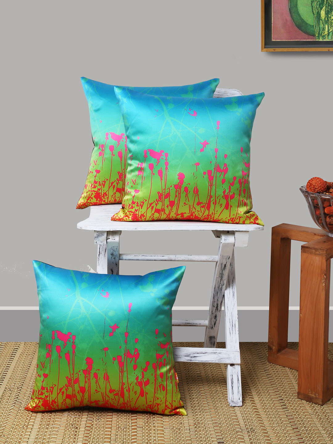ANS Floral Green Graphic Polyester Breathable 3 Piece Square Cushion Covers -16x16In