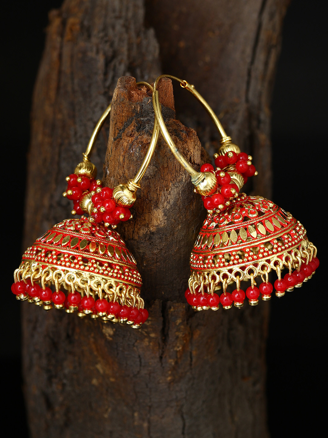ANIKAS CREATION Red & Gold-Plated Enamelled Dome Shaped Jhumkas