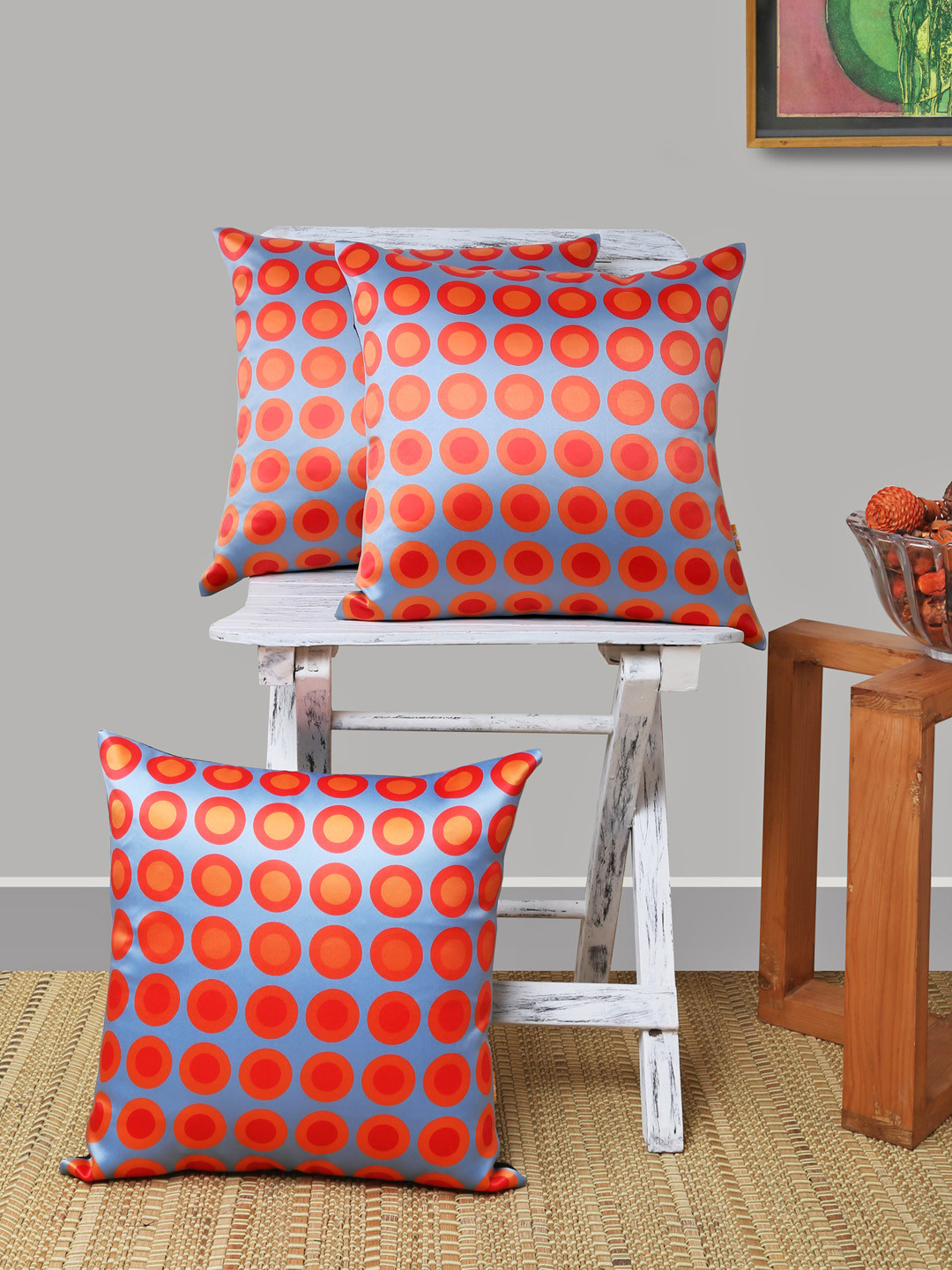 ANS Orange Geometric Polyester Washable 3 Piece Square Cushion Covers -16x16In