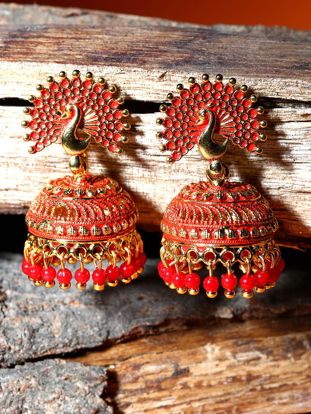 ANIKAS CREATION Red & Gold-Plated Enamelled Dome Shaped Jhumkas