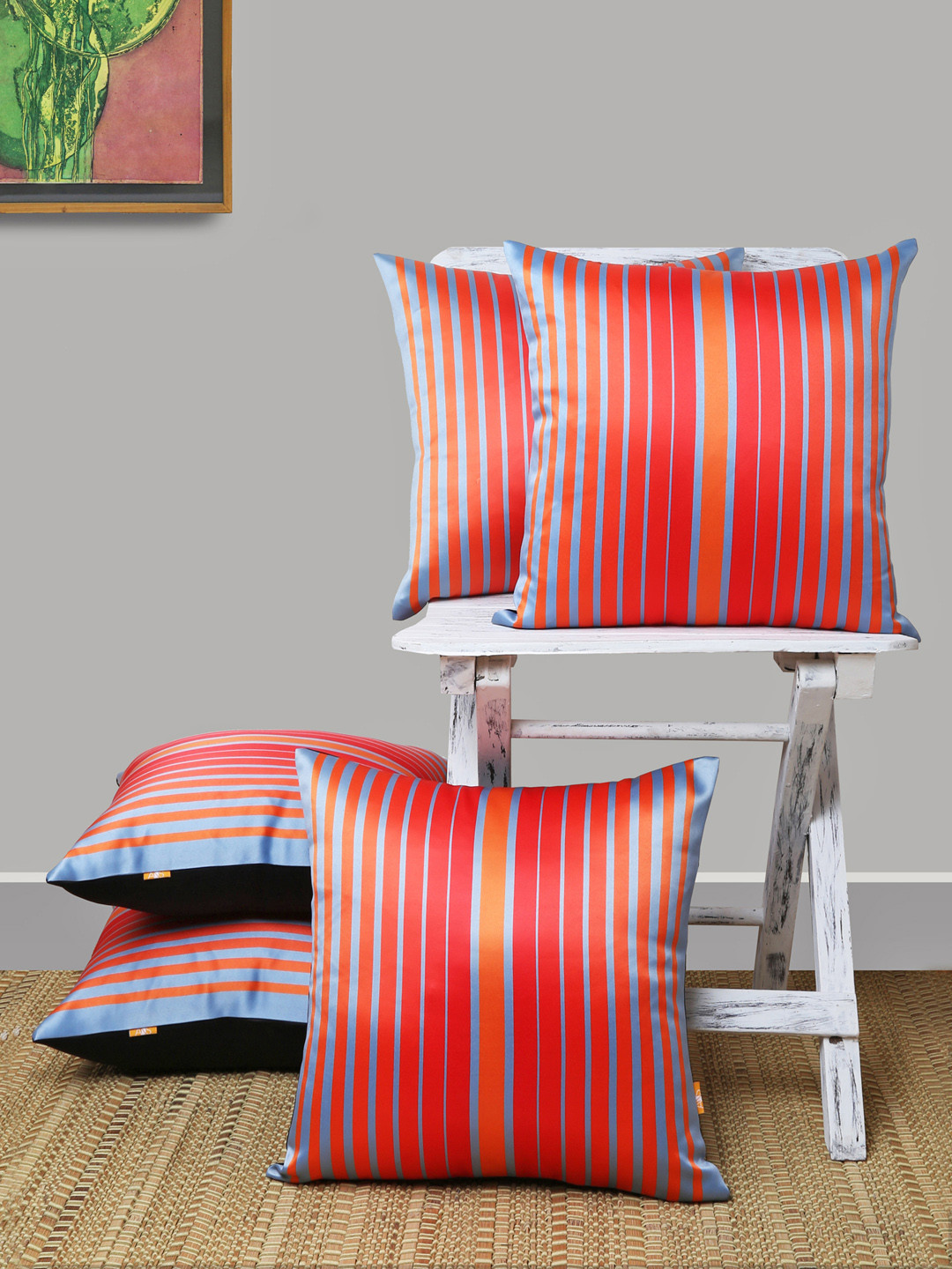 ANS Orange & Silver-Toned Set of 5 Striped Square Cushion Covers