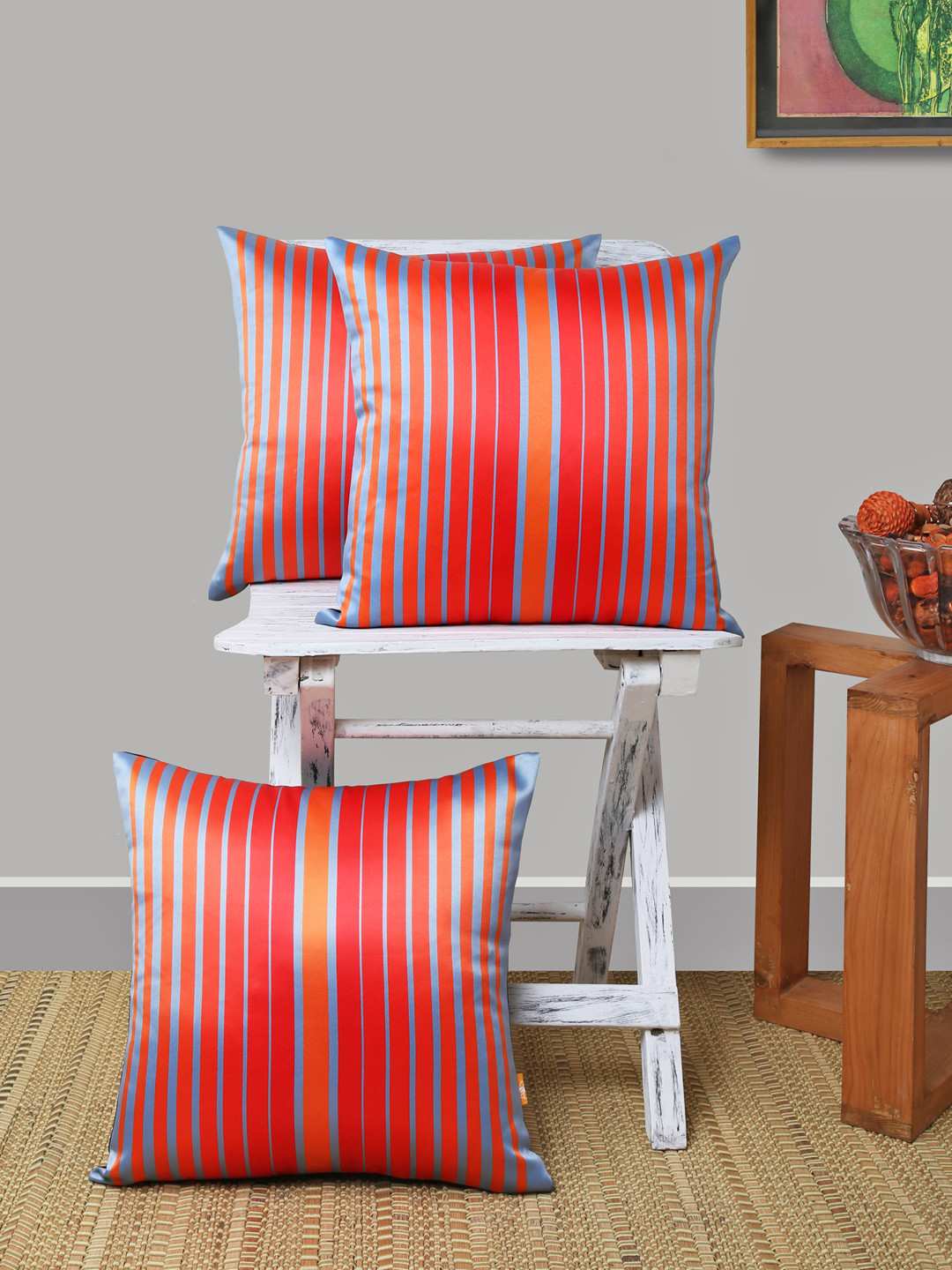 ANS geometric Orange Striped Satin Washable 3 Piece Square Cushion Covers -16x16In