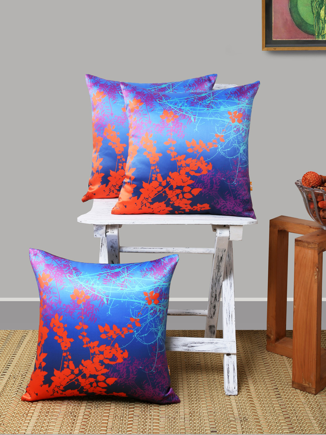ANS Satin Foliage Floral Polyester Washable 3 Pcs Square Cushion Covers - 16 x 16 In